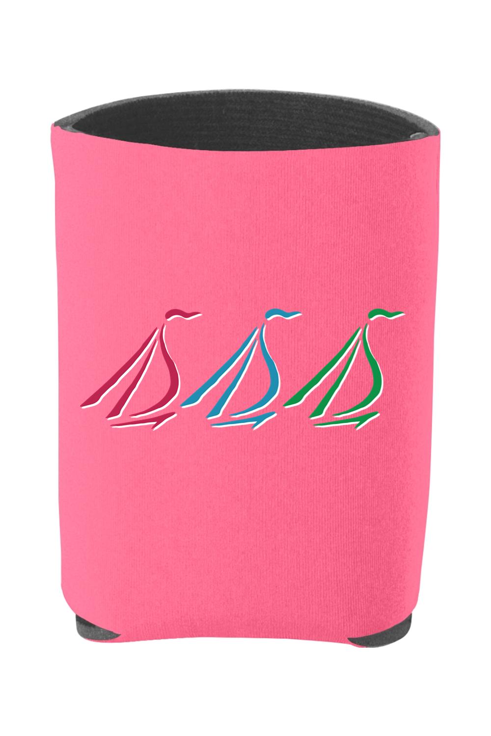 Pink insulated foam can cooler featuring three stylized sailboat icons in red, blue, and green.