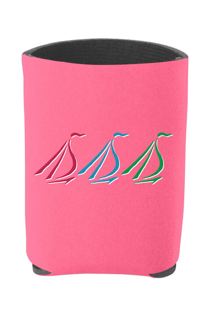 Pink insulated foam can cooler featuring three stylized sailboat icons in red, blue, and green.