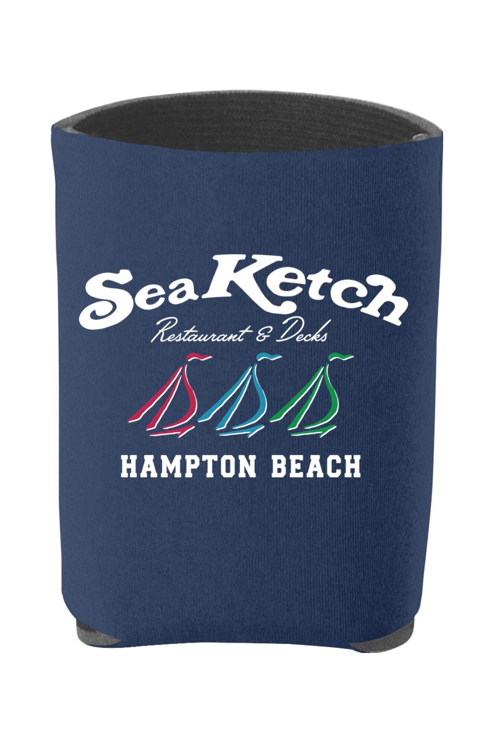 Navy blue foam can cooler featuring a white Sea Ketch Hampton Beach logo with three colorful sailboat icons.