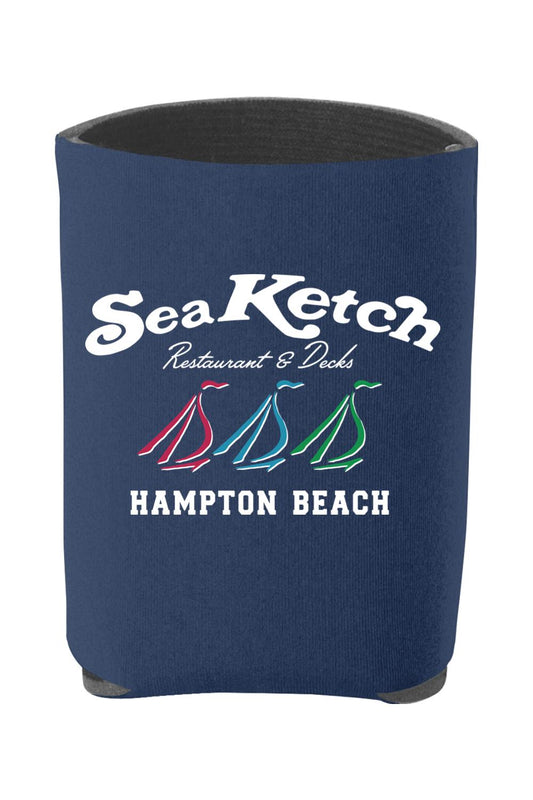Navy blue foam can cooler featuring a white Sea Ketch Hampton Beach logo with three colorful sailboat icons.