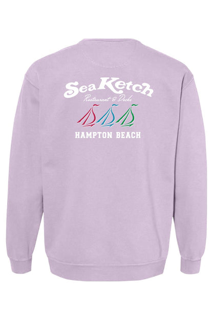 Light purple Comfort Colors crewneck sweatshirt featuring a Sea Ketch Hampton Beach tri-sail graphic on the back.