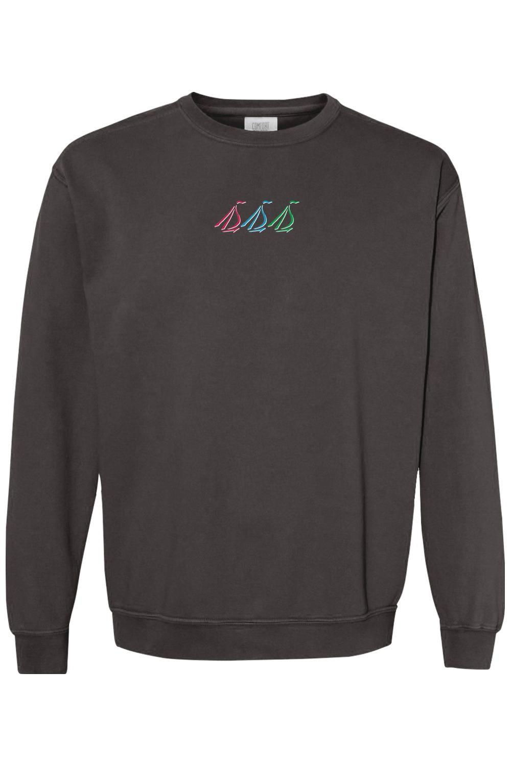 Charcoal grey Comfort Colors crewneck sweatshirt featuring a small, colorful tri-sail graphic on the chest.