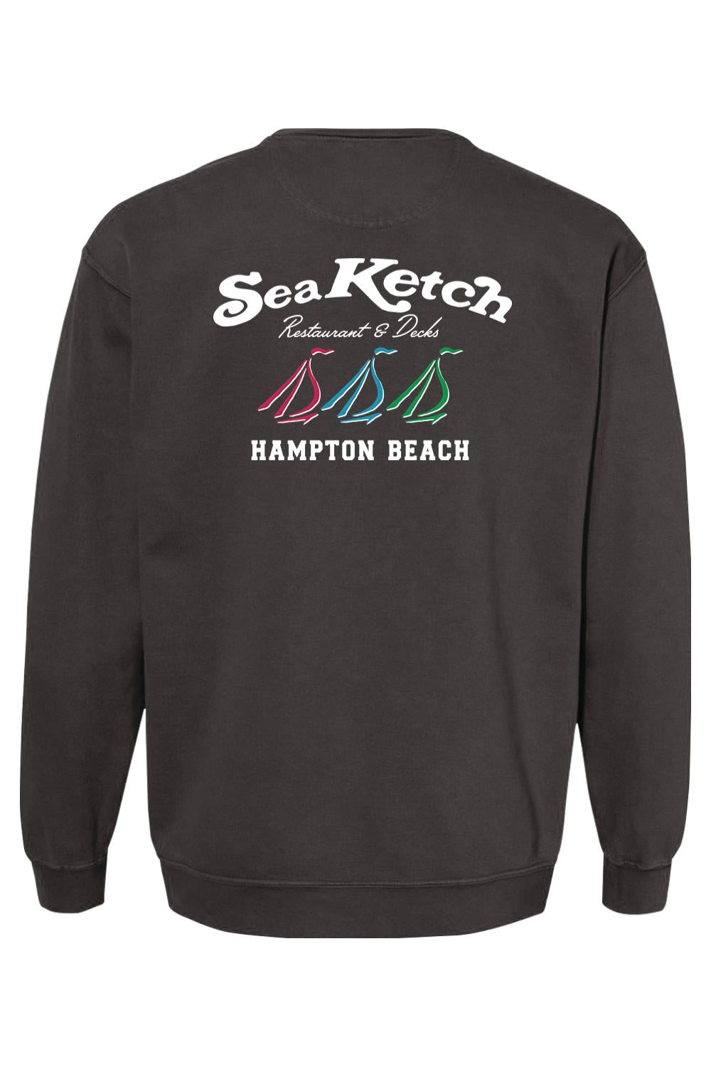 Charcoal grey Comfort Colors crewneck sweatshirt featuring a Sea Ketch Hampton Beach tri-sail graphic on the back.