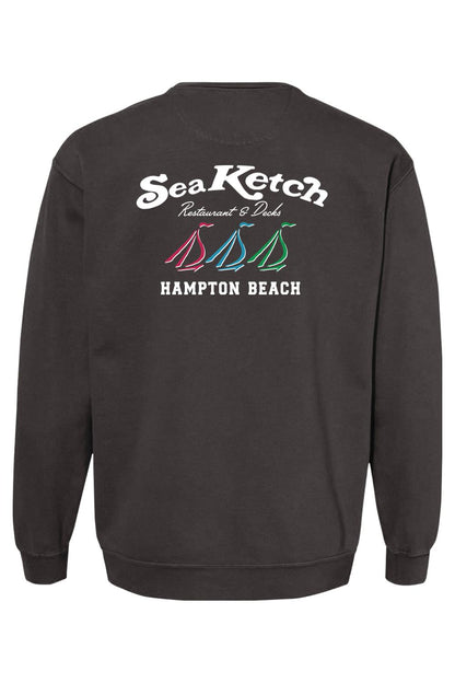 Charcoal grey Comfort Colors crewneck sweatshirt featuring a Sea Ketch Hampton Beach tri-sail graphic on the back.