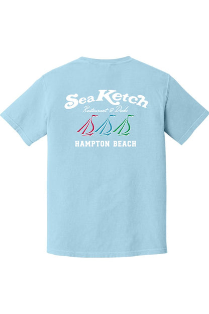 Light blue Comfort Colors t-shirt featuring a Sea Ketch tri-sail graphic and Hampton Beach text on the back.