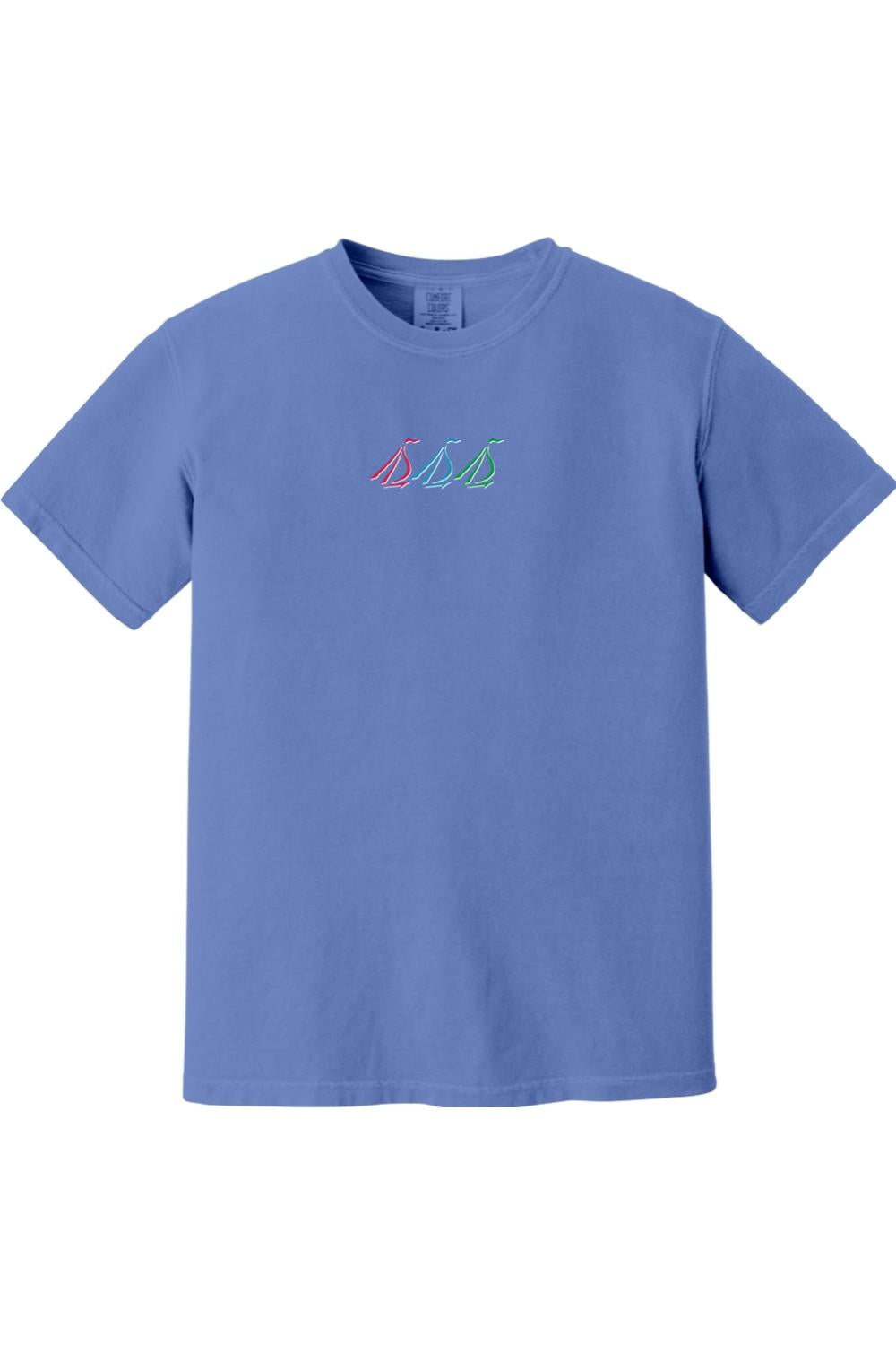 Periwinkle blue Comfort Colors short-sleeve t-shirt featuring a small, colorful tri-sail nautical graphic on the chest.