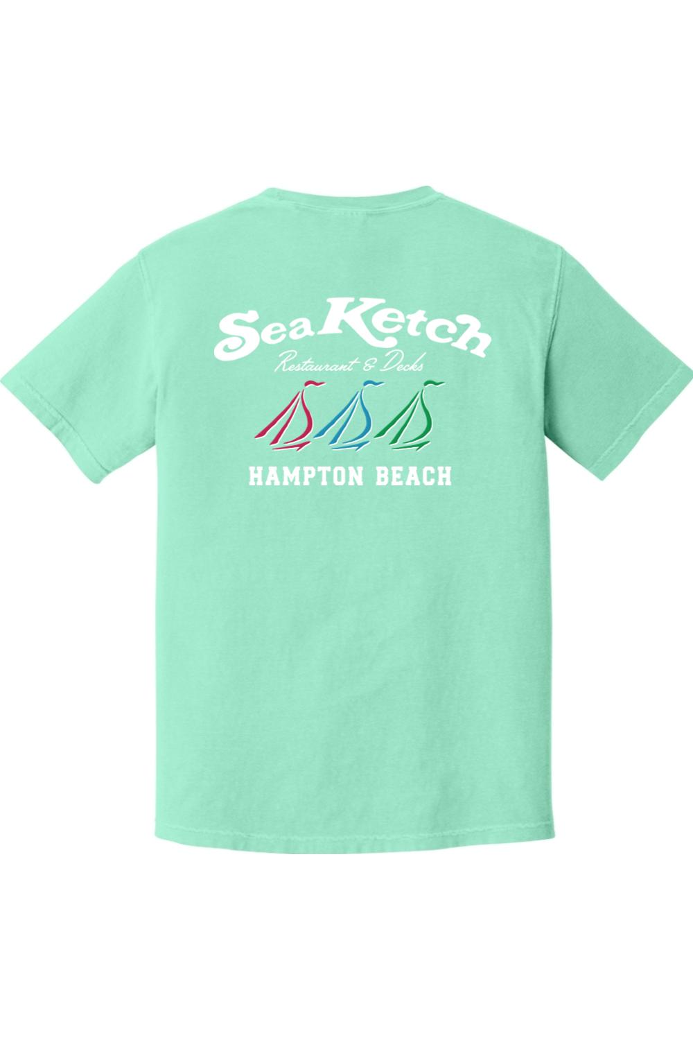 Mint green Comfort Colors t-shirt featuring a white Sea Ketch tri-sail nautical graphic on the back.