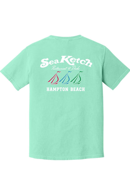 Mint green Comfort Colors t-shirt featuring a white Sea Ketch tri-sail nautical graphic on the back.