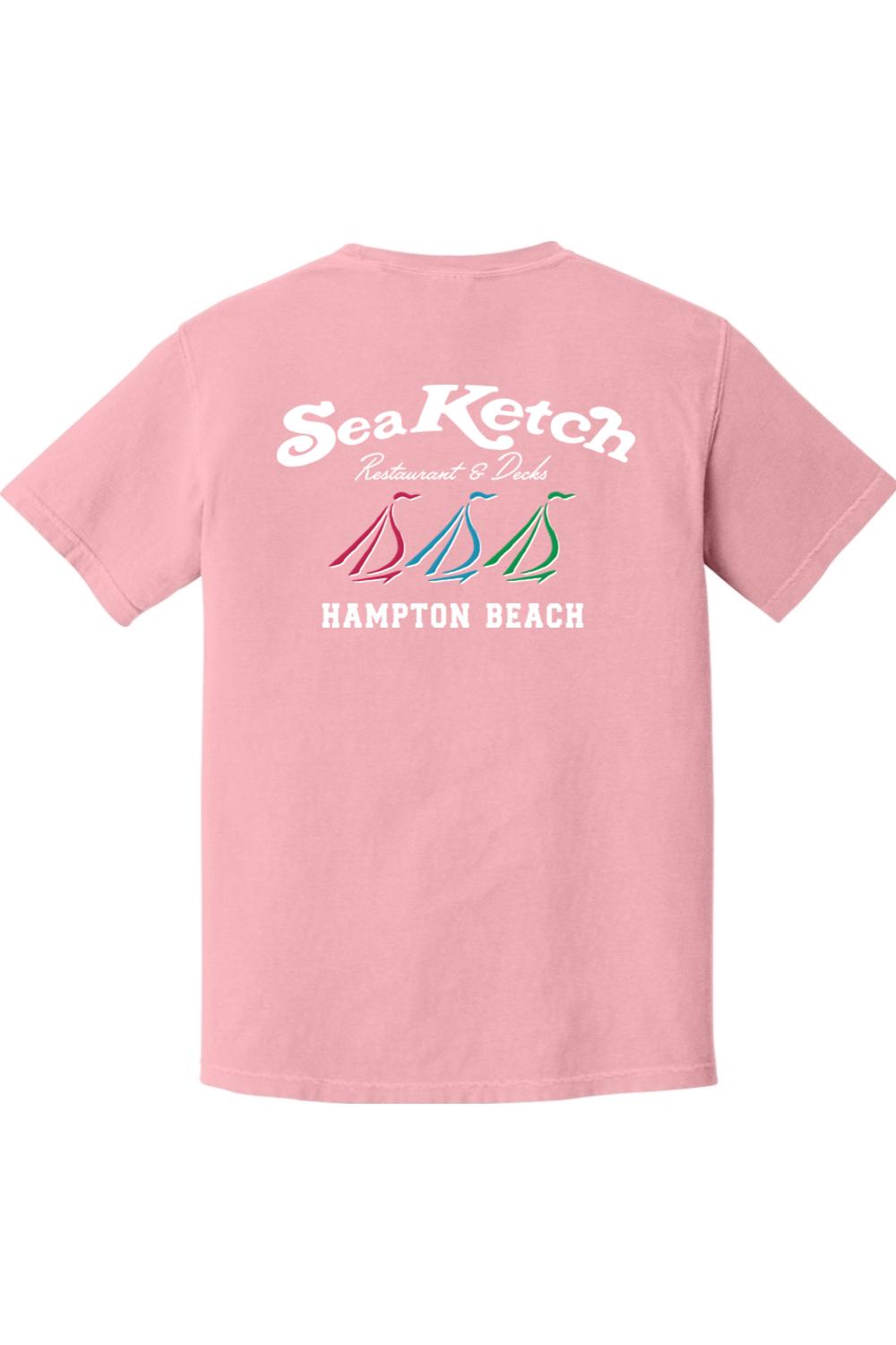 Soft pink Comfort Colors t-shirt featuring a Sea Ketch tri-sail graphic and Hampton Beach text on the back.