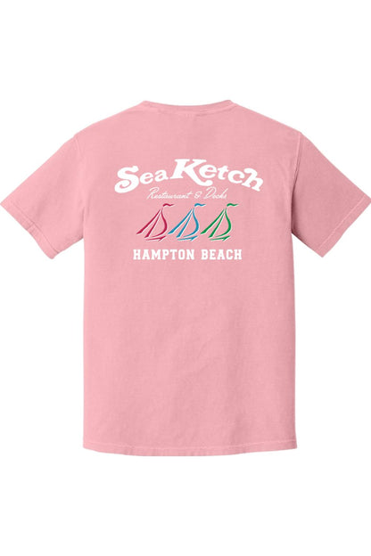 Soft pink Comfort Colors t-shirt featuring a Sea Ketch tri-sail graphic and Hampton Beach text on the back.