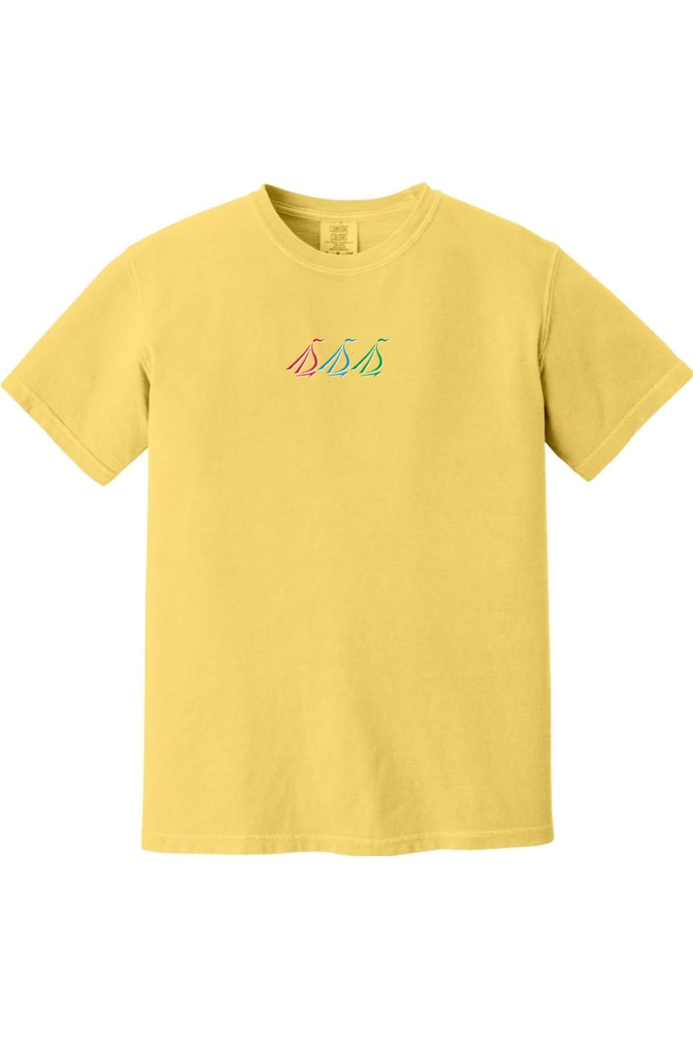 Yellow Comfort Colors crewneck t-shirt featuring a small, colorful tri-sail nautical graphic on the chest.