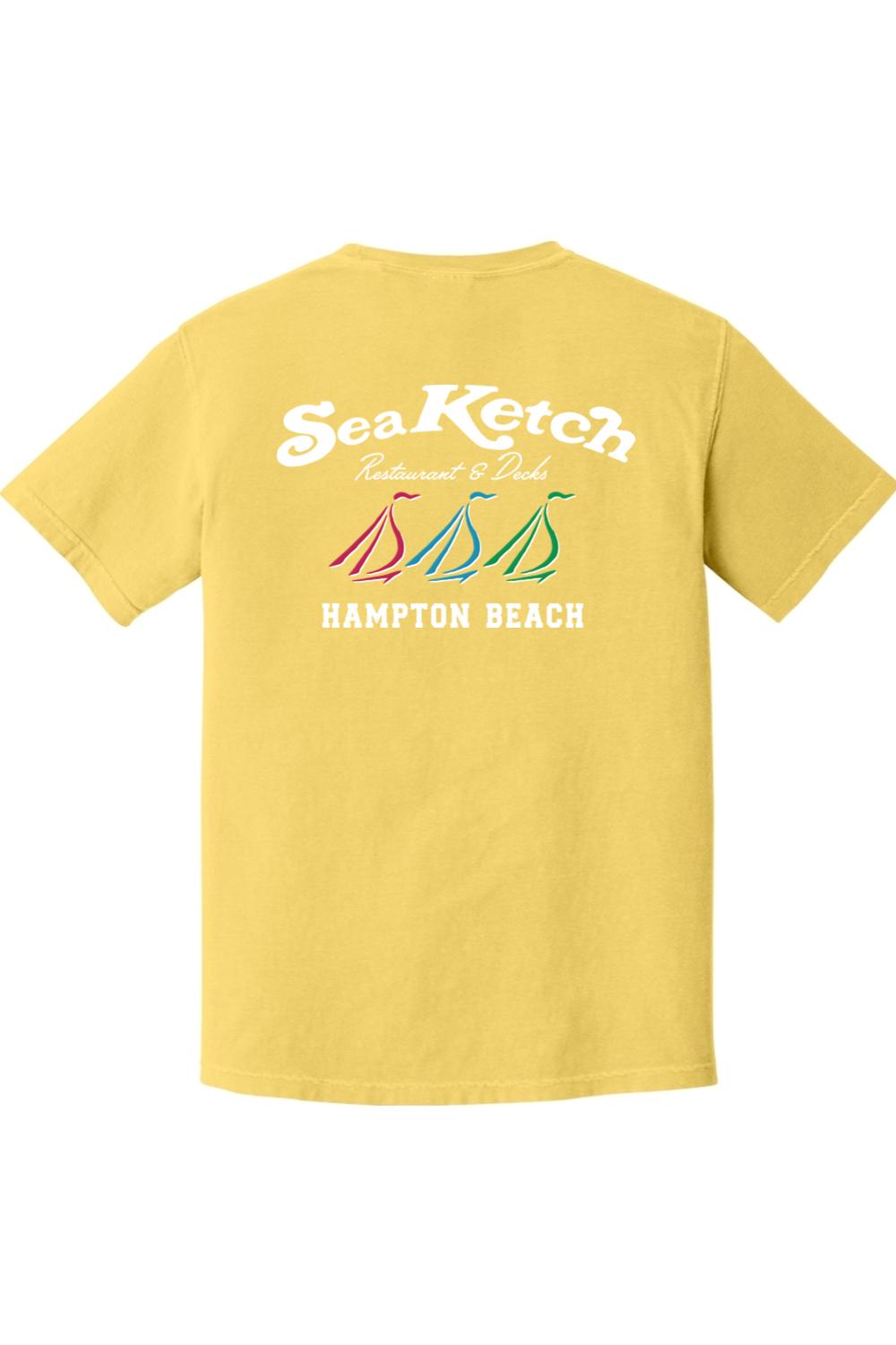 Yellow Comfort Colors t-shirt featuring a Sea Ketch tri-sail nautical graphic on the back with Hampton Beach text.