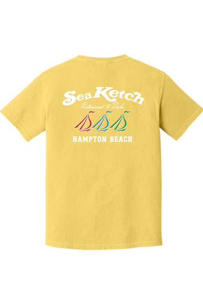Yellow Comfort Colors t-shirt featuring a Sea Ketch tri-sail nautical graphic on the back with Hampton Beach text.