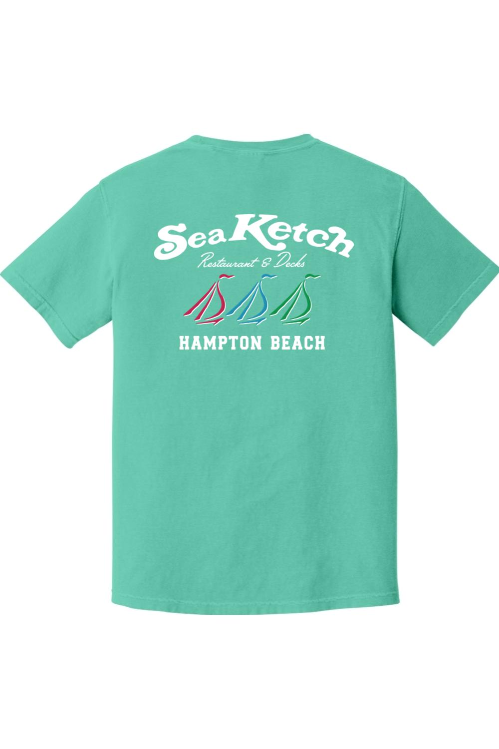Seafoam green Comfort Colors t-shirt featuring a Sea Ketch Hampton Beach tri-sail graphic on the back.