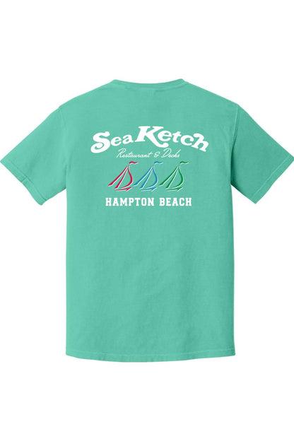 Seafoam green Comfort Colors t-shirt featuring a Sea Ketch Hampton Beach tri-sail graphic on the back.