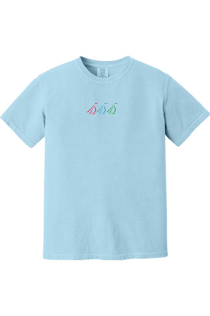 Light blue Comfort Colors unisex t-shirt featuring a small embroidered tri-sail nautical graphic on the chest.
