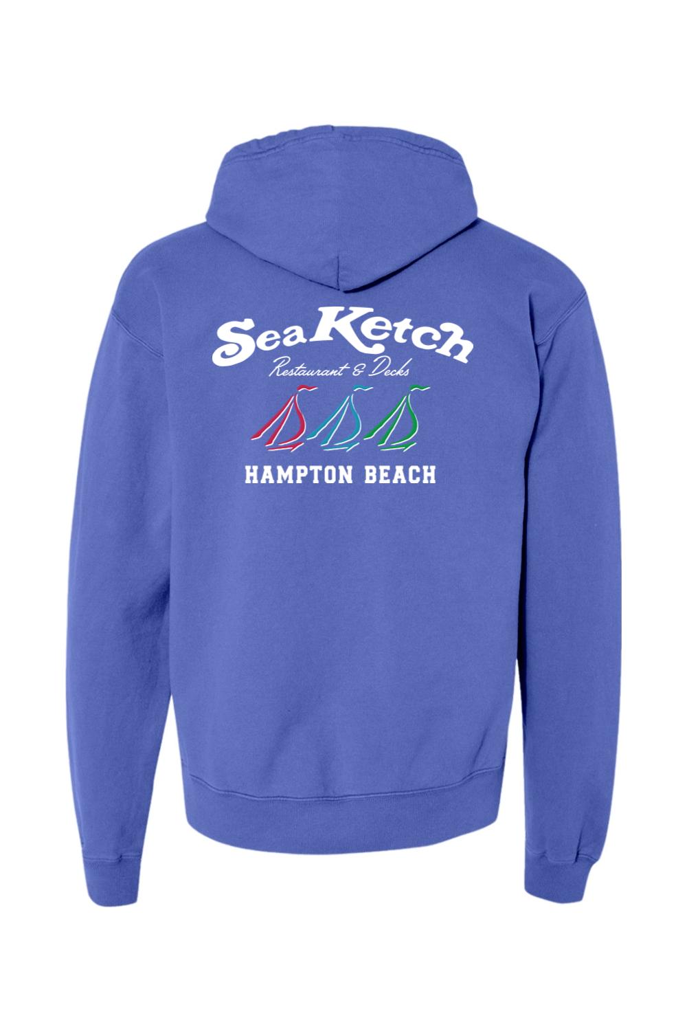 Blue midweight hoodie featuring a Sea Ketch Hampton Beach logo with three colorful sailboats on the back.