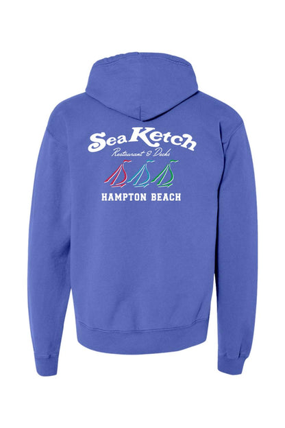 Blue midweight hoodie featuring a Sea Ketch Hampton Beach logo with three colorful sailboats on the back.