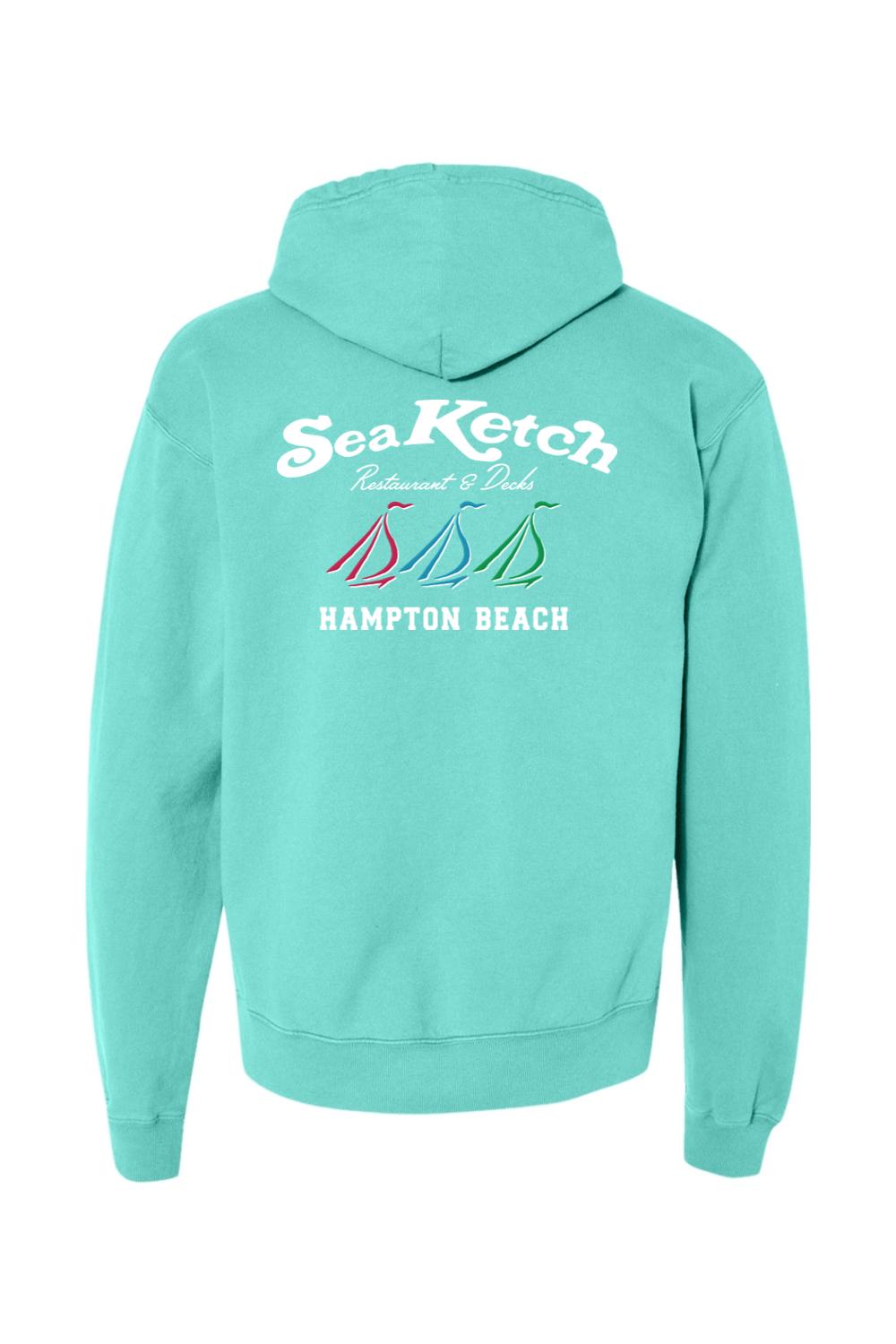 Sea Ketch teal midweight hoodie featuring a back graphic with three colorful sailboats and Hampton Beach text.