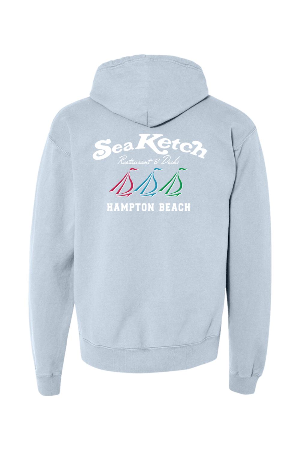 Light blue midweight hoodie featuring a Sea Ketch Hampton Beach tri-sail logo graphic on the back.