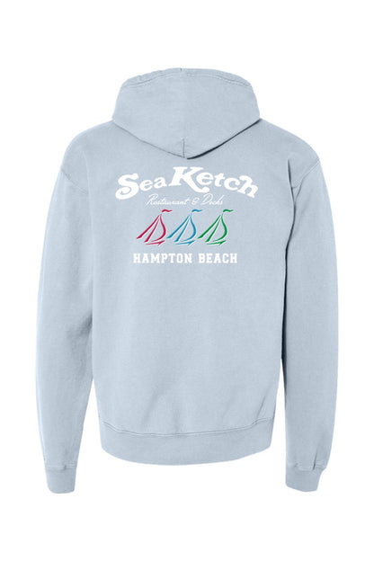 Light blue midweight hoodie featuring a Sea Ketch Hampton Beach tri-sail logo graphic on the back.