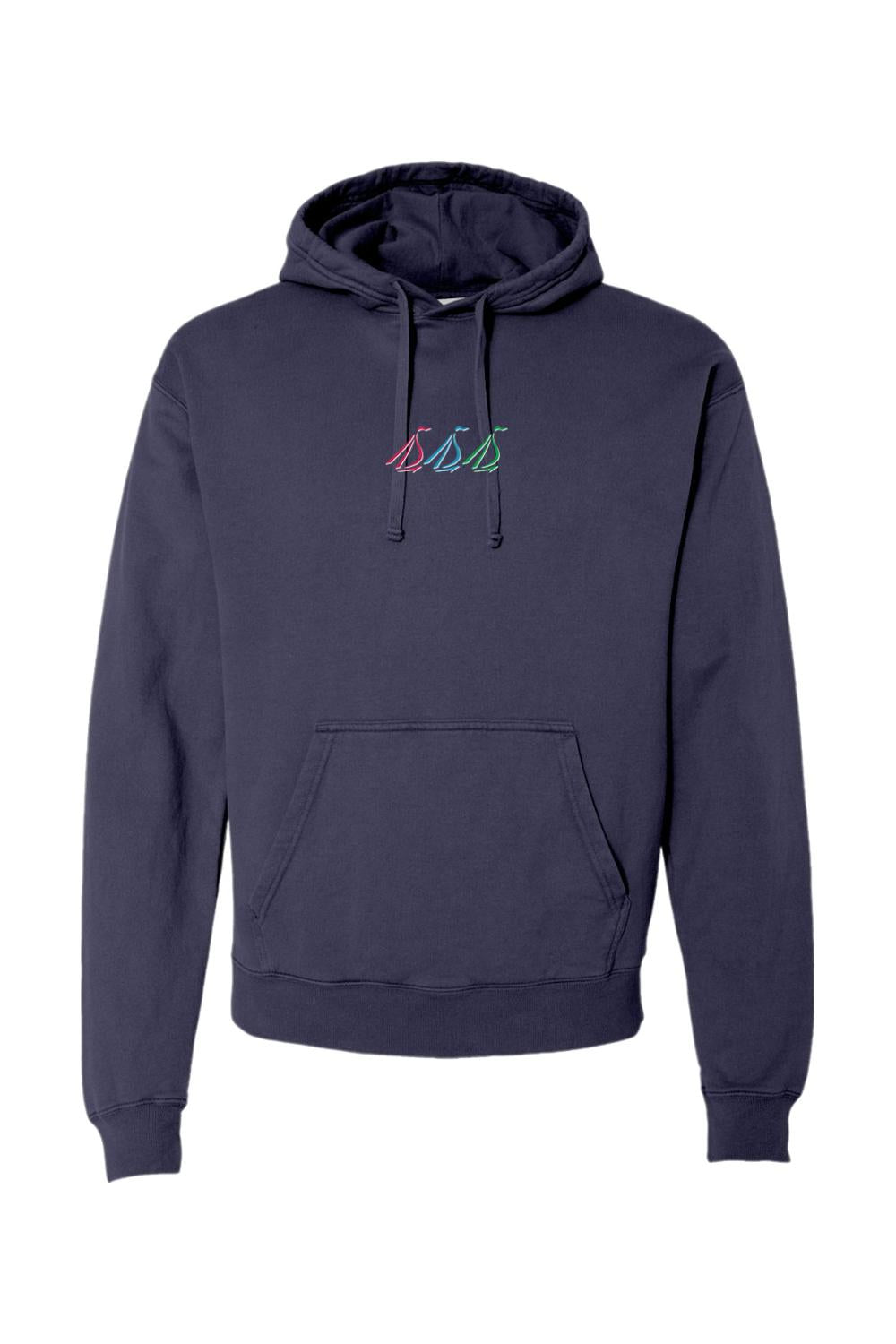 Navy blue midweight comfort wash hoodie with a small, colorful tri-sail graphic on the chest and a front pouch pocket.