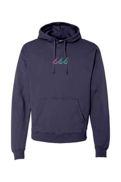 Navy blue midweight comfort wash hoodie with a small, colorful tri-sail graphic on the chest and a front pouch pocket.