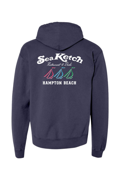Navy blue midweight hoodie featuring a Sea Ketch Hampton Beach logo with three colorful sailboats on the back.