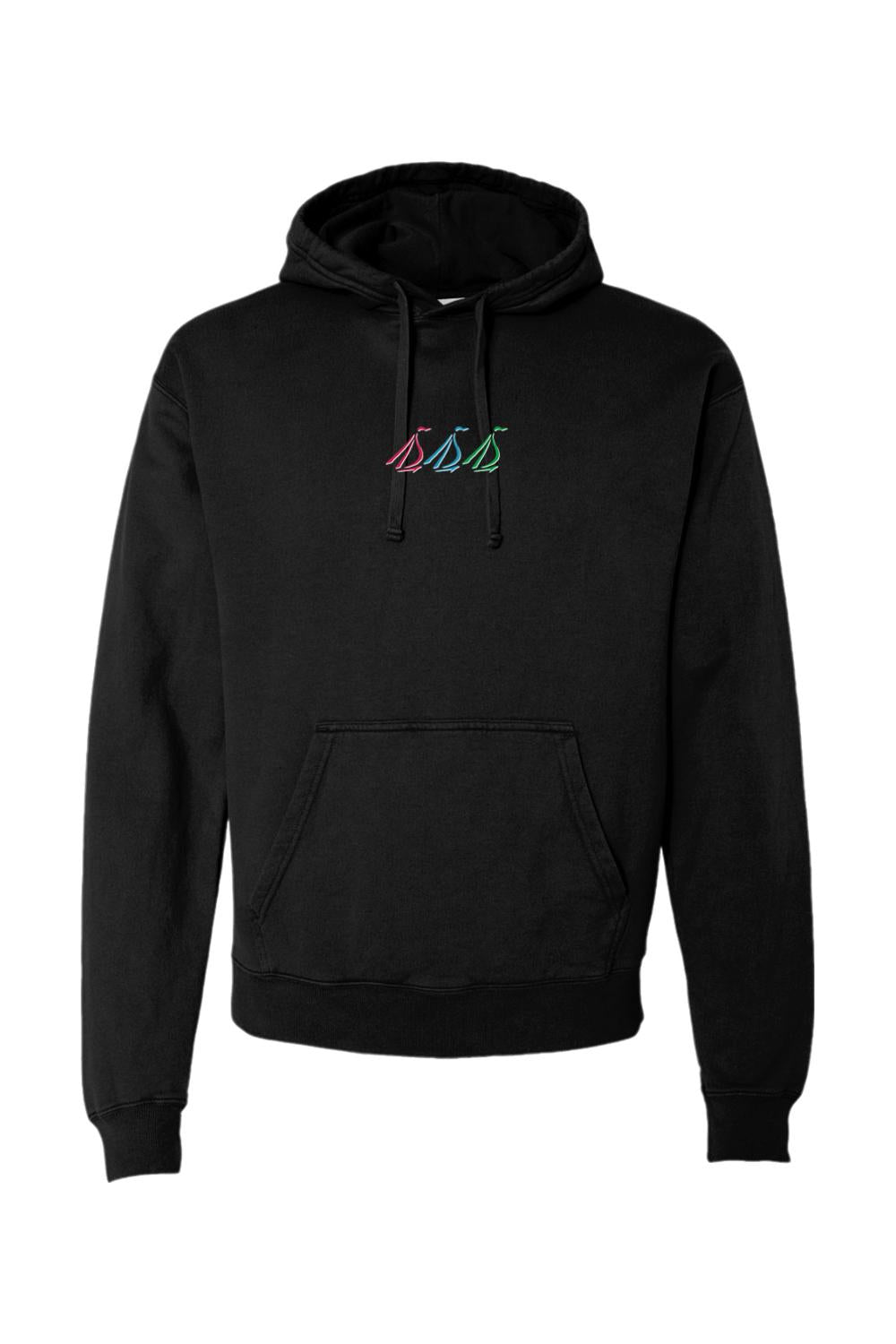 Black midweight comfort wash hoodie featuring a small, colorful embroidered tri-sail logo on the chest.