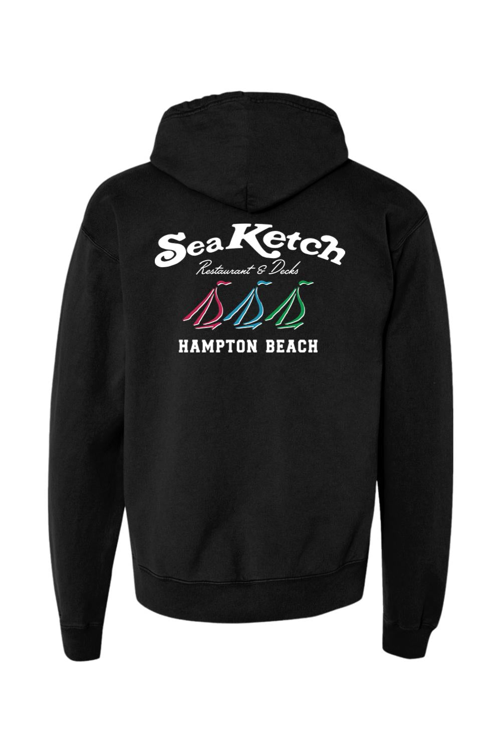 Black midweight hoodie featuring a Sea Ketch Hampton Beach logo with three colorful sailboat icons on the back.