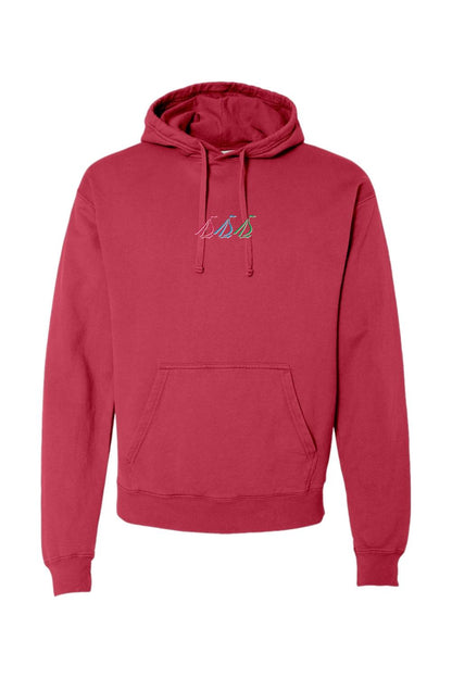 Red midweight comfort wash hoodie featuring a small embroidered tri-sail logo on the chest and a front kangaroo pocket.