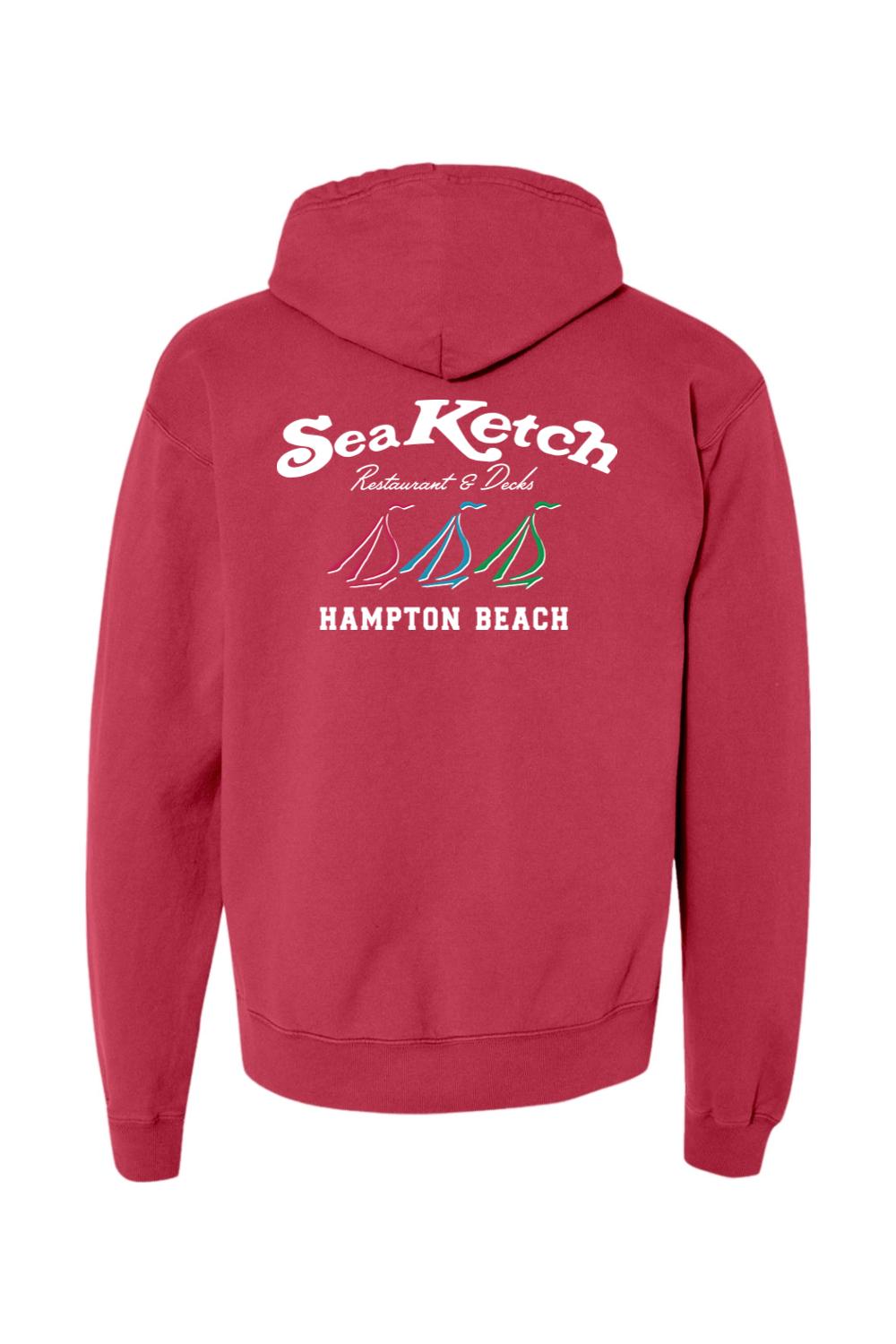 Red midweight hoodie featuring a Sea Ketch Hampton Beach logo with three colorful sailboat icons on the back.