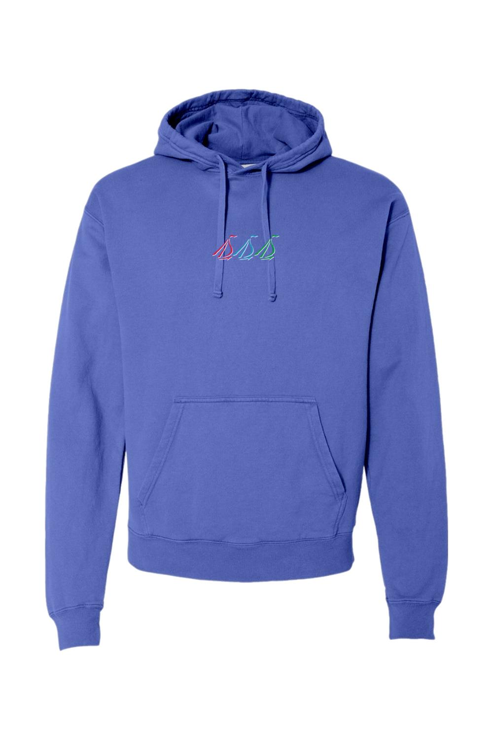 Blue midweight comfort wash hoodie featuring a small embroidered tri-sail logo on the chest and a front pouch pocket.