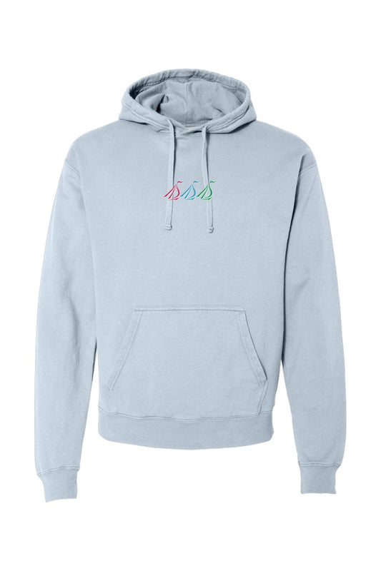Light blue comfort wash midweight hoodie with a small, colorful embroidered tri-sail logo on the chest.