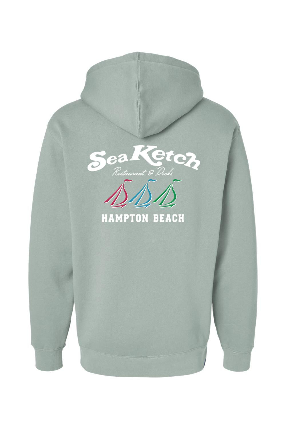 Sage green heavyweight hoodie featuring a Sea Ketch Hampton Beach logo with three colorful sailboats on the back.