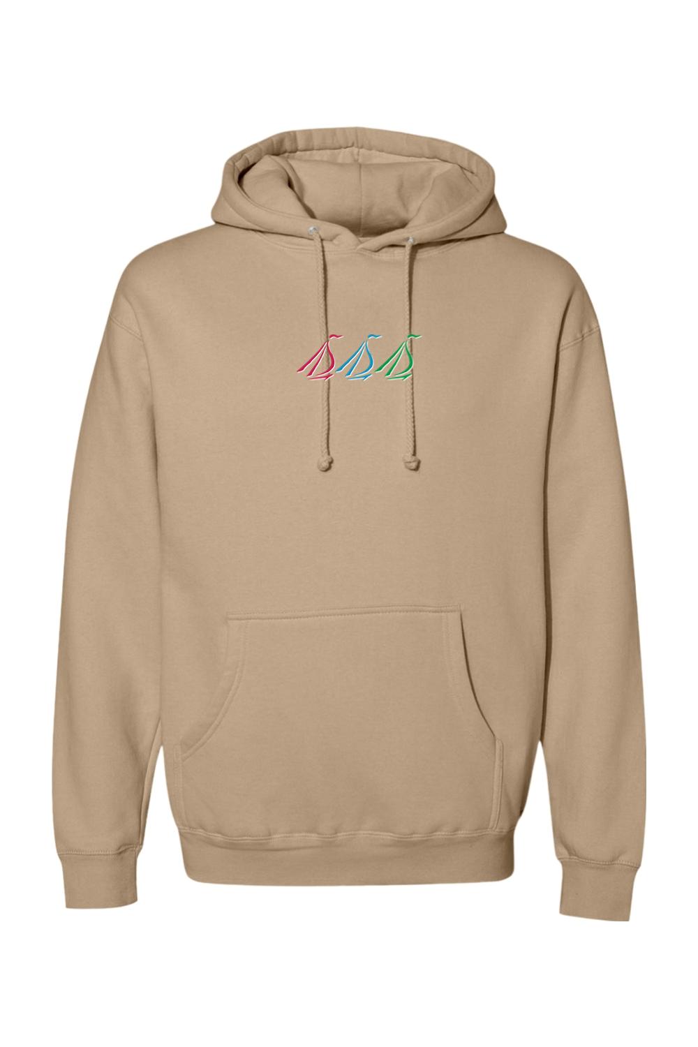 Tan heavyweight hoodie featuring a small, colorful embroidered tri-sail logo on the chest with a front kangaroo pocket.