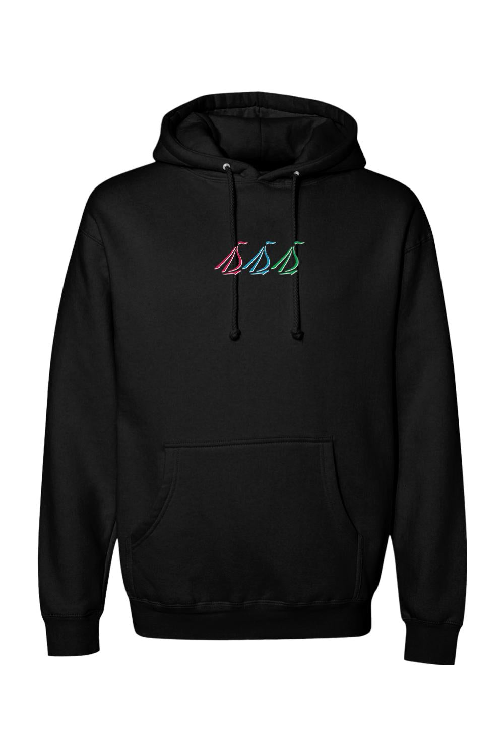Black heavyweight hoodie featuring a colorful embroidered tri-sail logo on the chest and a front kangaroo pocket.