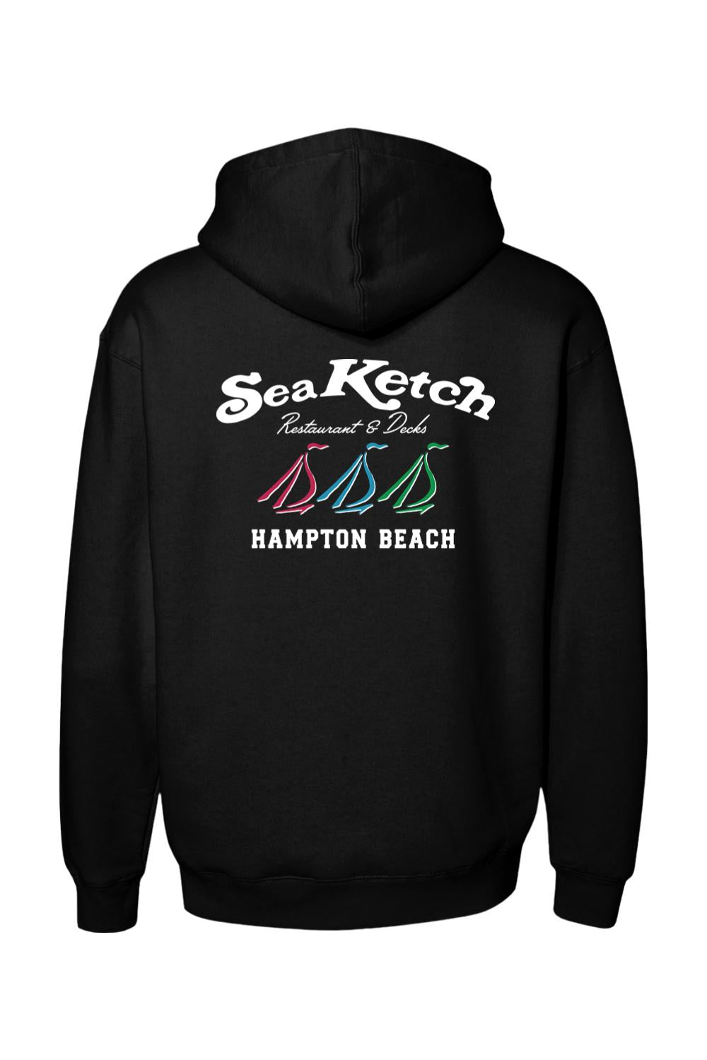 Black heavyweight hoodie featuring a Sea Ketch Hampton Beach logo with three colorful sail icons on the back.