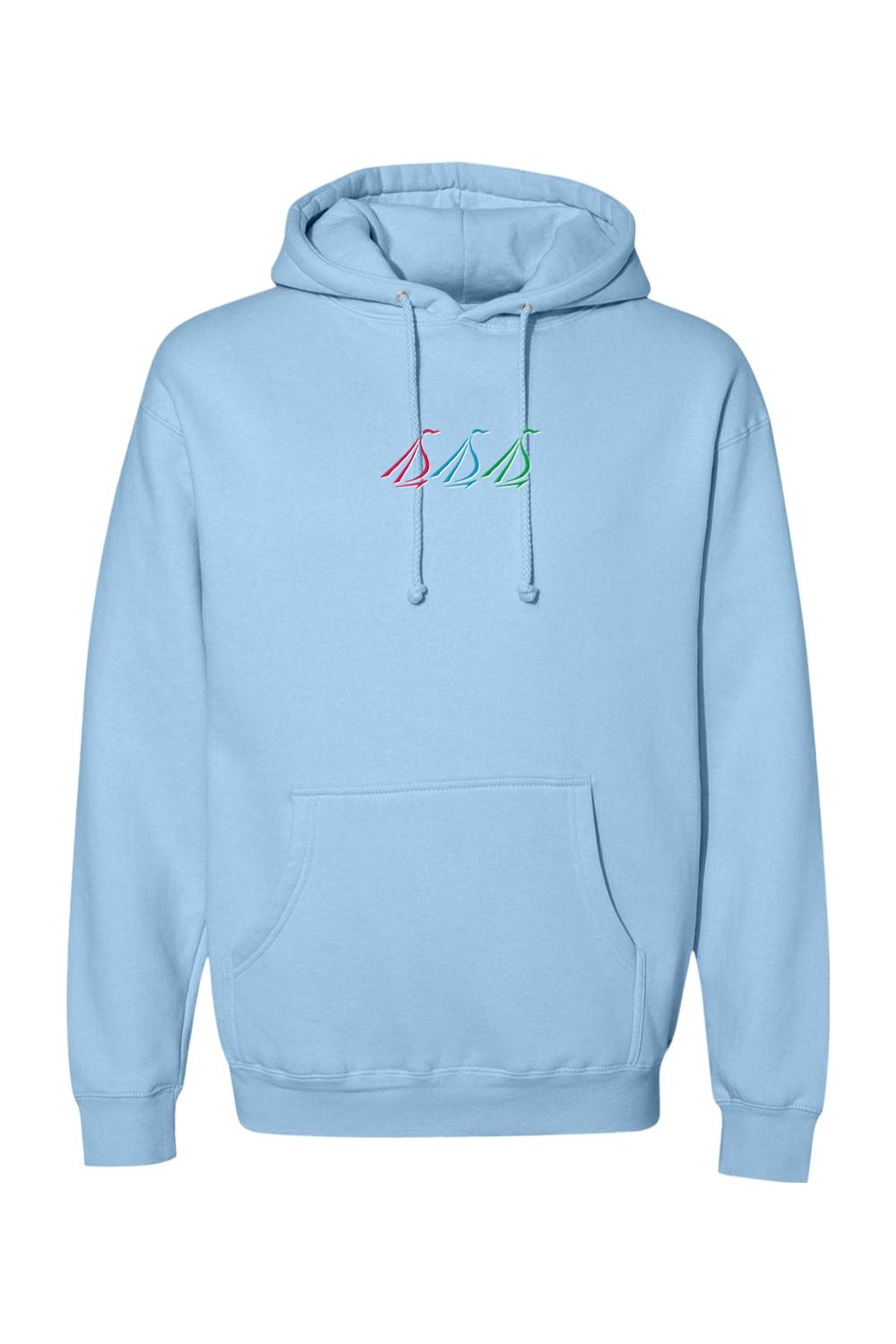 Light blue heavyweight hoodie featuring a small, colorful embroidered tri-sail logo on the chest and a front pocket.