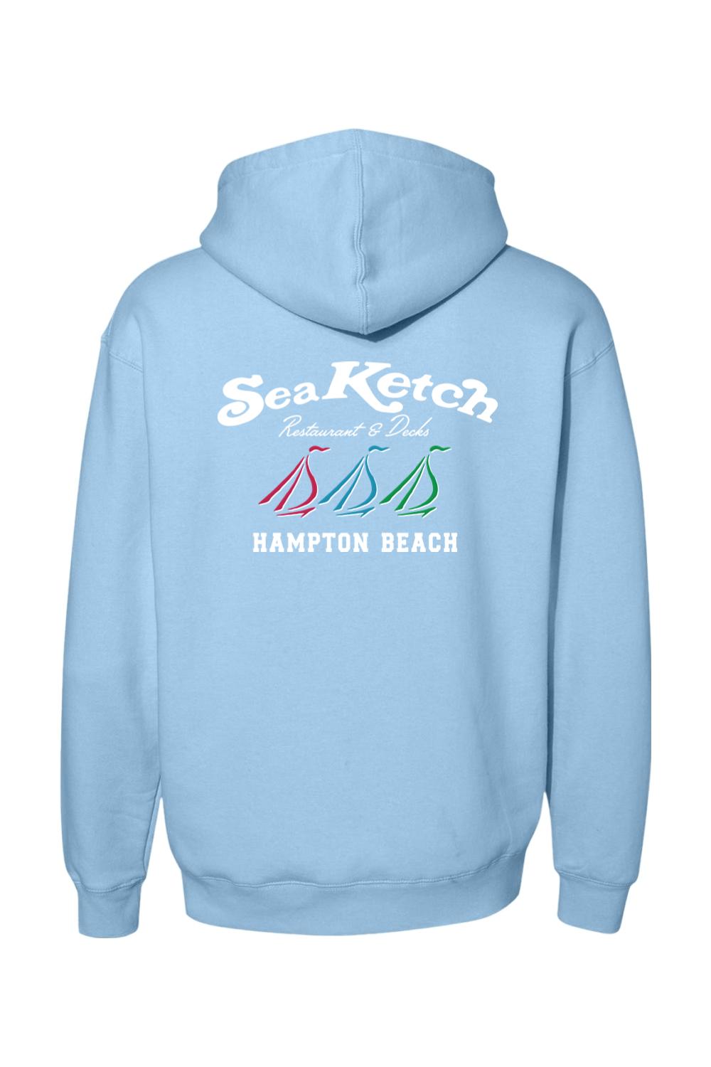 Light blue heavyweight hoodie featuring a Sea Ketch Hampton Beach logo with three colorful sailboats on the back.