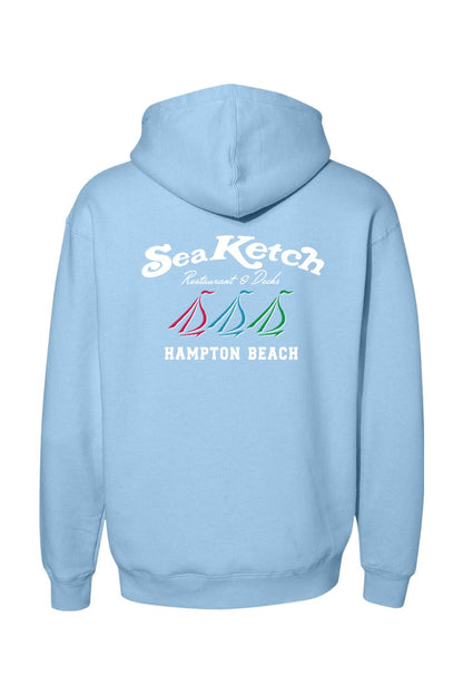 Light blue heavyweight hoodie featuring a Sea Ketch Hampton Beach logo with three colorful sailboats on the back.