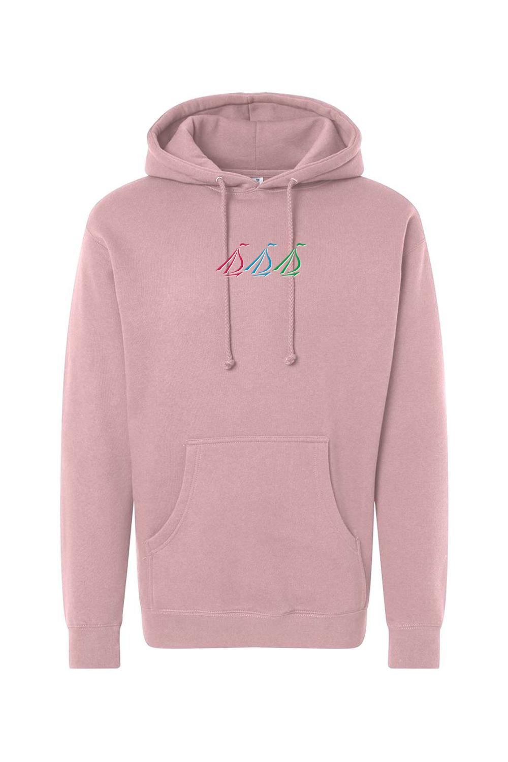 Dusty rose heavyweight hoodie featuring a colorful embroidered tri-sail logo on the chest and a front pouch pocket.