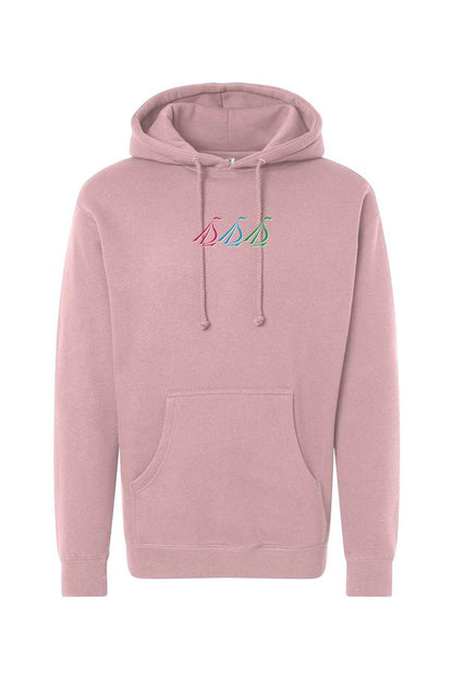 Dusty rose heavyweight hoodie featuring a colorful embroidered tri-sail logo on the chest and a front pouch pocket.