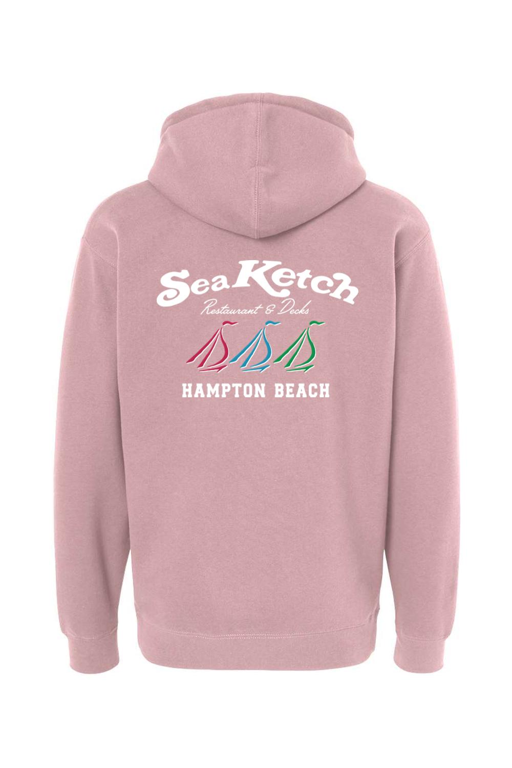 Dusty rose heavyweight hoodie featuring a Sea Ketch Hampton Beach logo with three colorful sailboats on the back.
