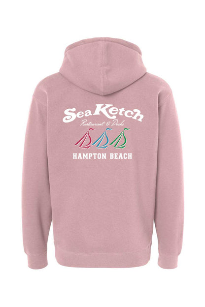 Dusty rose heavyweight hoodie featuring a Sea Ketch Hampton Beach logo with three colorful sailboats on the back.