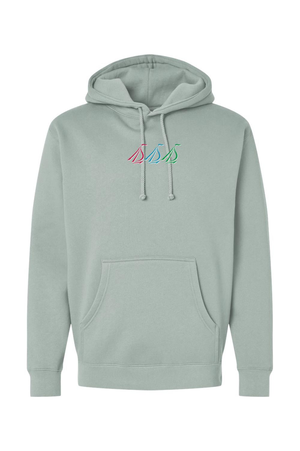 Sage green heavyweight hoodie featuring a colorful embroidered tri-sail logo on the chest and a front pouch pocket.