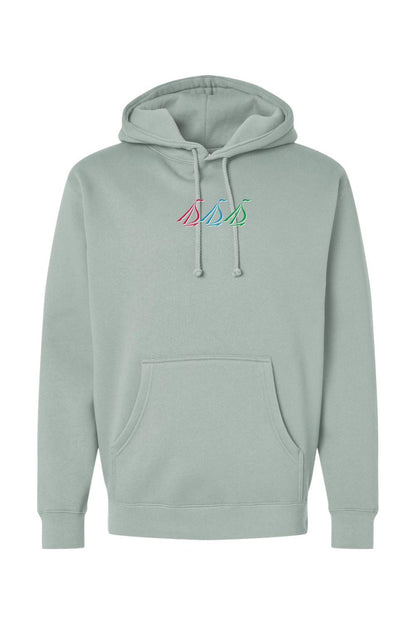 Sage green heavyweight hoodie featuring a colorful embroidered tri-sail logo on the chest and a front pouch pocket.
