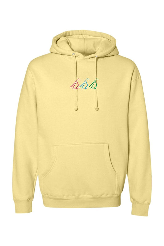 Pale yellow heavyweight hoodie with a small, colorful tri-sail graphic on the chest and a front kangaroo pocket.