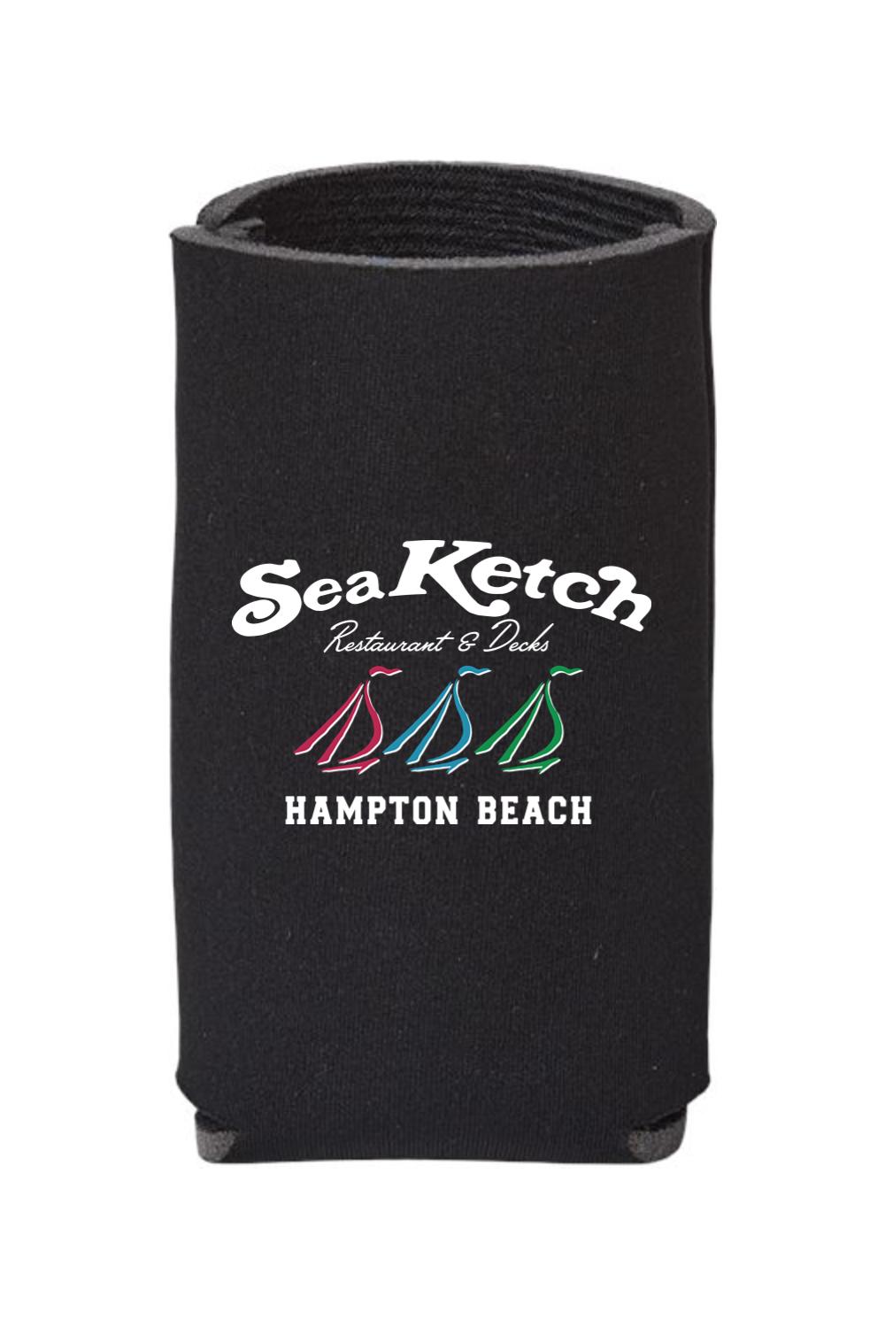 Black slim can holder with Sea Ketch Hampton Beach logo and colorful tri-sail graphic.