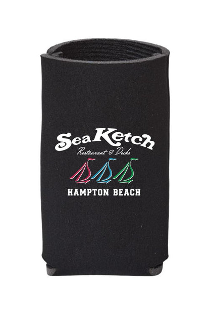 Black slim can holder with Sea Ketch Hampton Beach logo and colorful tri-sail graphic.